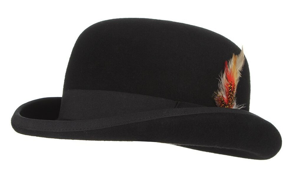 7493 Bowler Derby Hat Wool with Feather Black Derby Hat Satin Lined